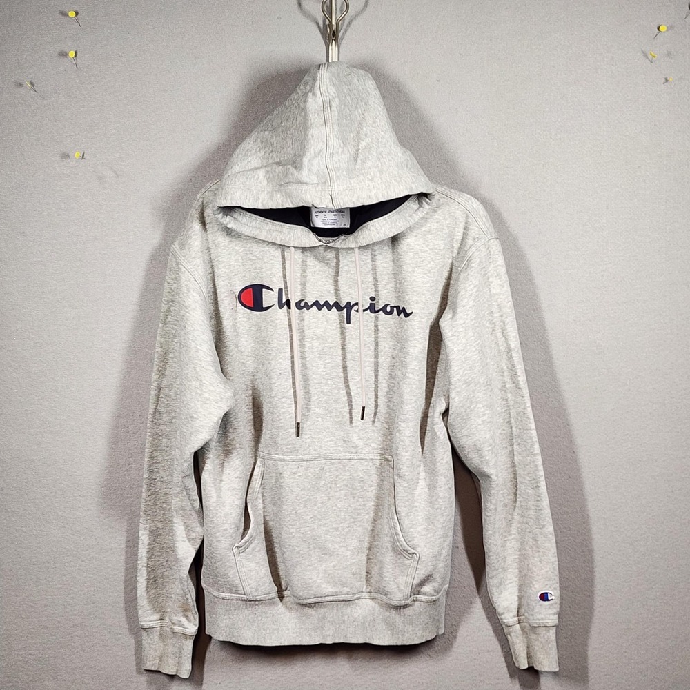 Champion Hoodie Mens Medium Gray Pullover Fleece Big Logo Sweatshirt Athletic